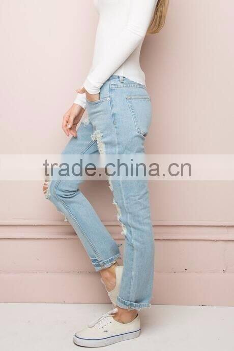 Runwaylover custom newest fashion stretch blue holes denim jeans women negotiate price