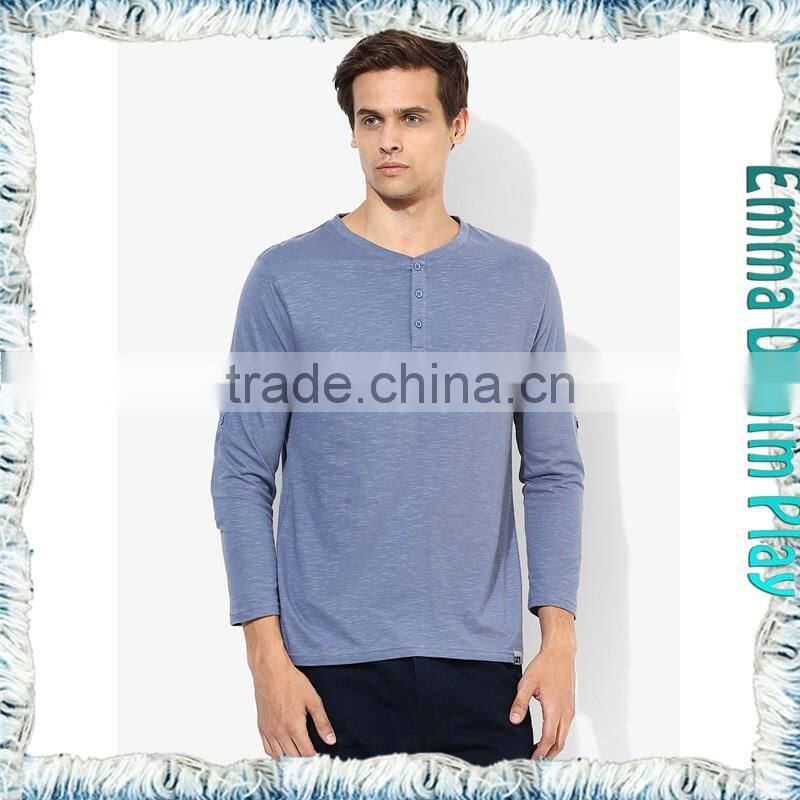 Navy Mens Buttons Placket Blank Long Sleeves T-Shirts