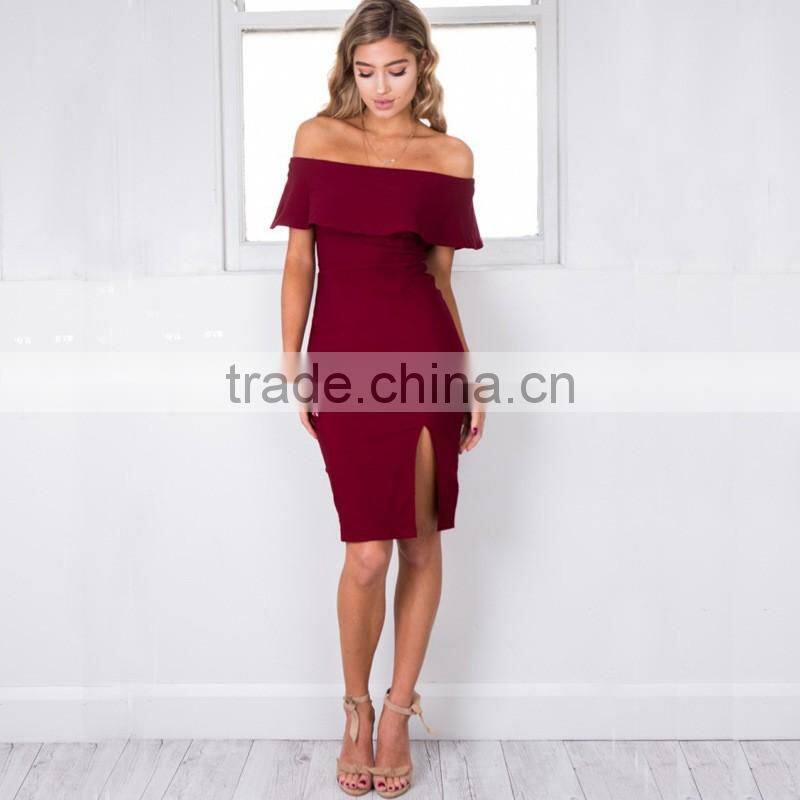 New Women Ladies Elegant Sexy Flounced Off Shoulder Bodycon Slit Side Pencil Eve Club Party Dresses Bandeau Summer Dress