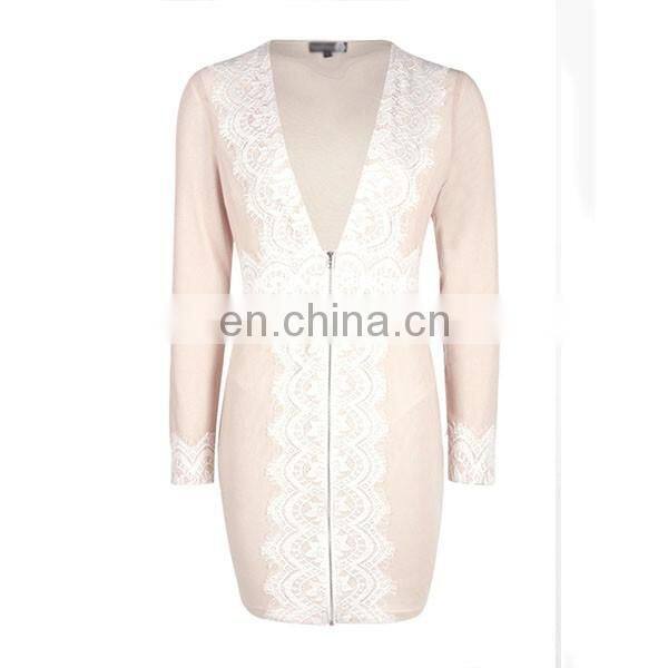 2016 New Fashion Summer Clothes Lace Trim Zip Front Bodycon Dress