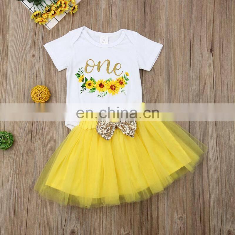 New Summer Toddler Baby Girl Sunflower one letter print Romper & kids Tutu Skirts Set Outfits 0-2years