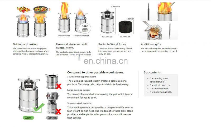 Portable Wooden Stove Wood Carburettor Folding and Windproof Stainless Steel for Camping, BBQ, Picnic, Outdoor Backpacking