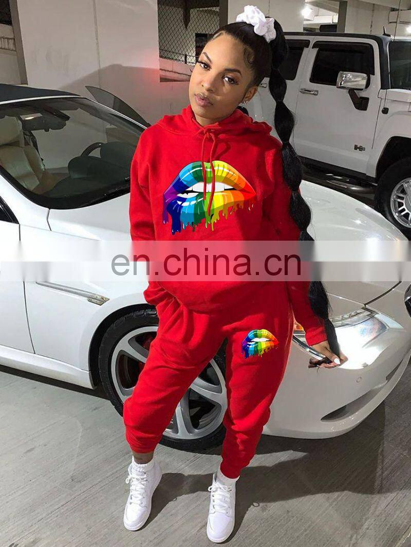 Wholesale custom ladies suit printed hooded long sleeve sweater casual suit Sports long hooded printed suit Casual style