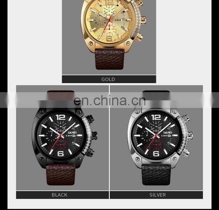 new SKMEI 9190 genuine leather strap 3atm water resistant quartz watch for men