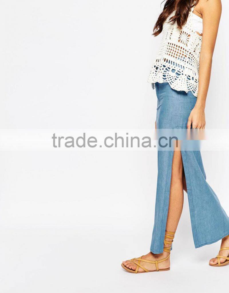 Fashion Women divided Long Maxi Skirt in Chambray Denim