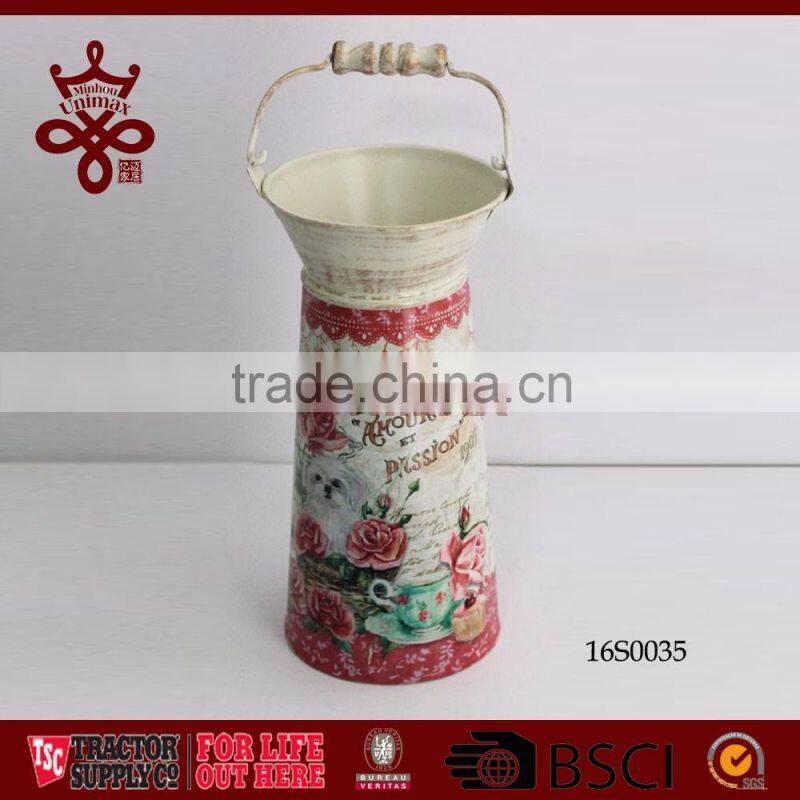 Farm Tools Home Decorative Tall Milk Bucket Tin Pot Wood Handle Metal Milk Tank
