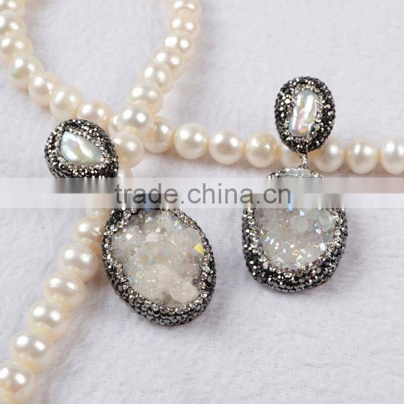 Natural freshwater pearl earrings with 18k gold plated, hanging stick druzy geode earrings with black diamonds paved on edge