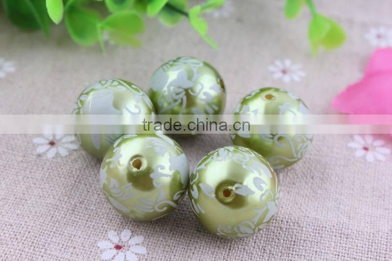 Factory price !!Imitated loose Round Acrylic faux Pearl Beads , Aqua flower Print fake Pearl Beads for party necklace using!!
