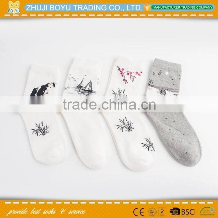BY-161408 Lady cotton socks; China painting socks crew sock; wholesale cotton socks