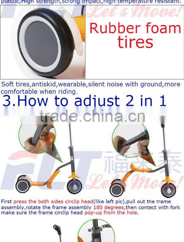 The Newest fashion 2 in 1 FLT-1006 three wheel scooter with strong steel and PU wheel for sale in 2013