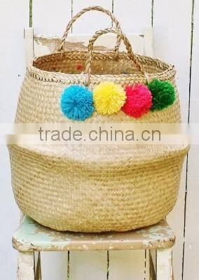 High quality Best selling gold seagrass belly basket with pompoms