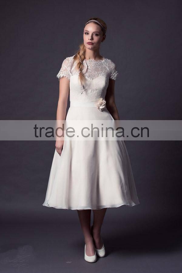 (MY0510) MARRY YOU 2016 Short Wedding Dress Boat Neckline Lace Bodice Chiffon Tea Length Wedding Dresses With Sleeves