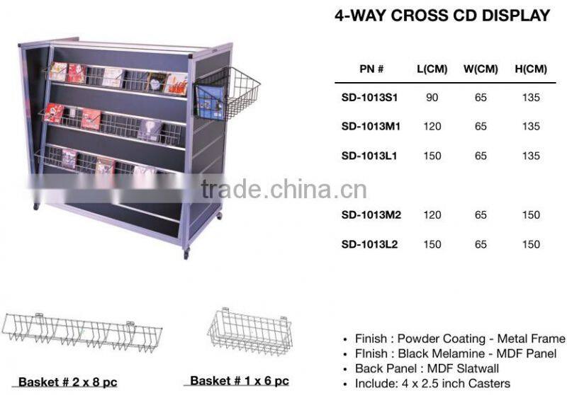 Retail 4 Way MDF Slatwall Horizontal CD Rack with Wire Basket