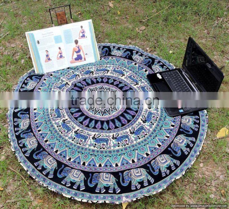 Large Elephant Mandala Round Roundie Wholesaler Indian Tapestry Table Cover Beach Throw Boho Roundie Round Mandala