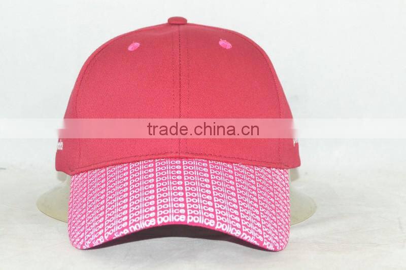 Guangzhou hat factory professional custom 6 panel / 100% cotton/pink/brim printing/baseball cap