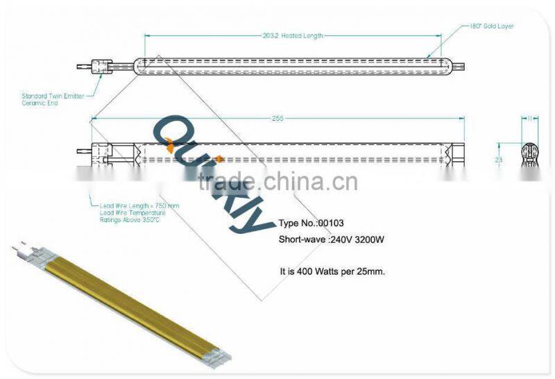Gold-coated quartz shortwave twin tubes for heating elements