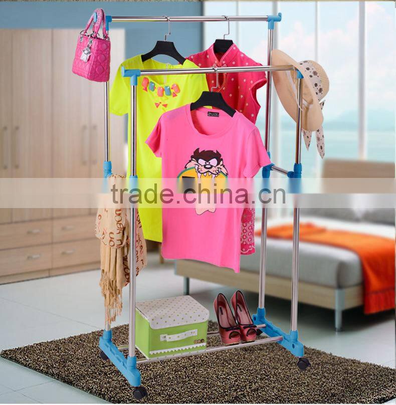 Stainless Steel Adjustable Telescoping Vertical and Horizontal Bars Double Rails Rolling Clothing Rack and Garment Rack