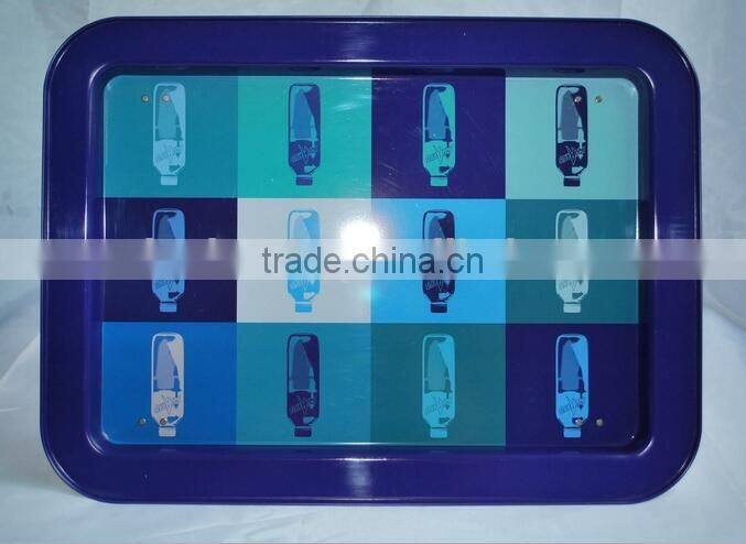 customized designs rectangular serving metal bed tin tray with stand leg