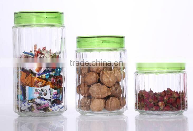 Set 3 Clear Round Large Glass Storage Jars with Green PP Lid