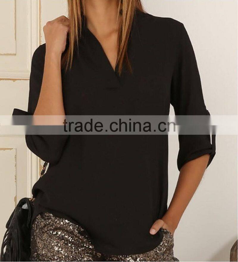 Elegant Womens Loose Scarf Collar V-NECK Chiffon Tops Long Sleeve OL Career T Shirts Casual Blouse