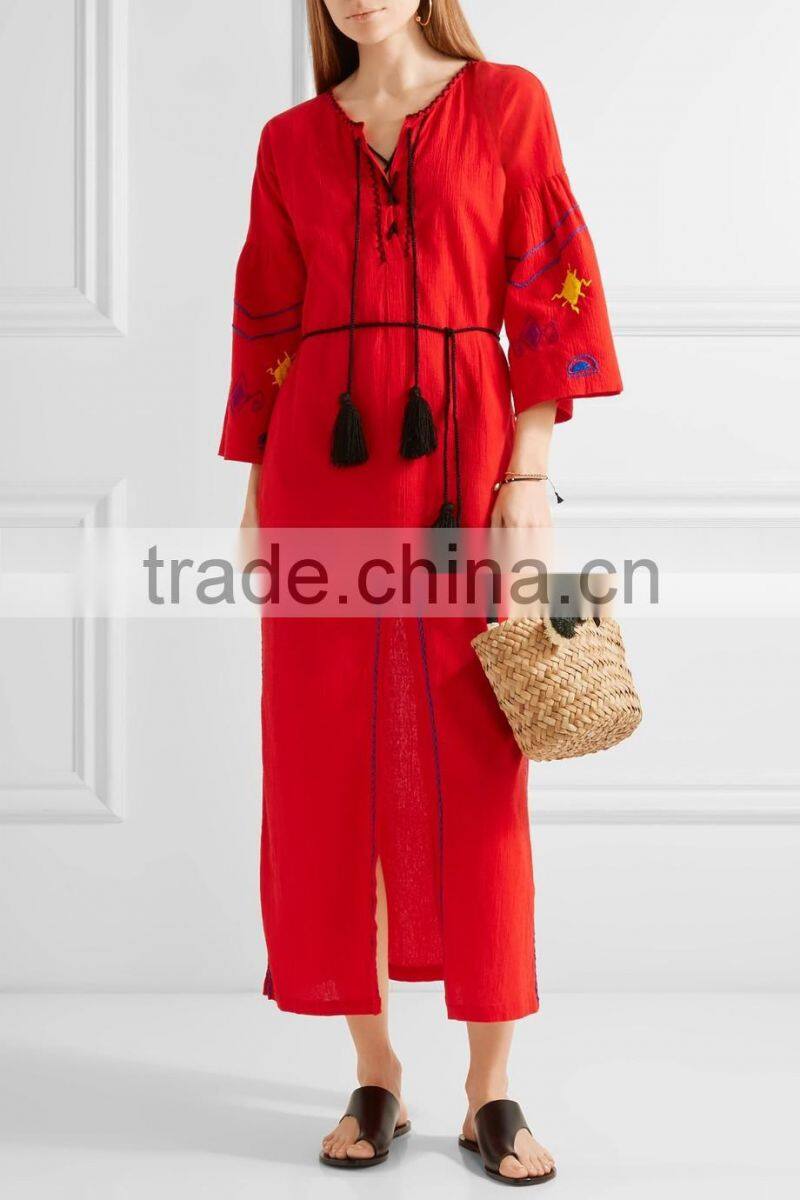 2017 Boho Hippie Clothing Spring Summer Embroidered Rayon Plunging Neckline Long Sleeve Maxi Dress HSD5947