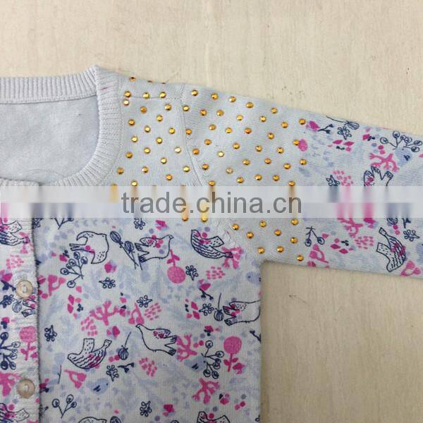 Girl's cotton printing cardigan sweater with hotfix rhinestone