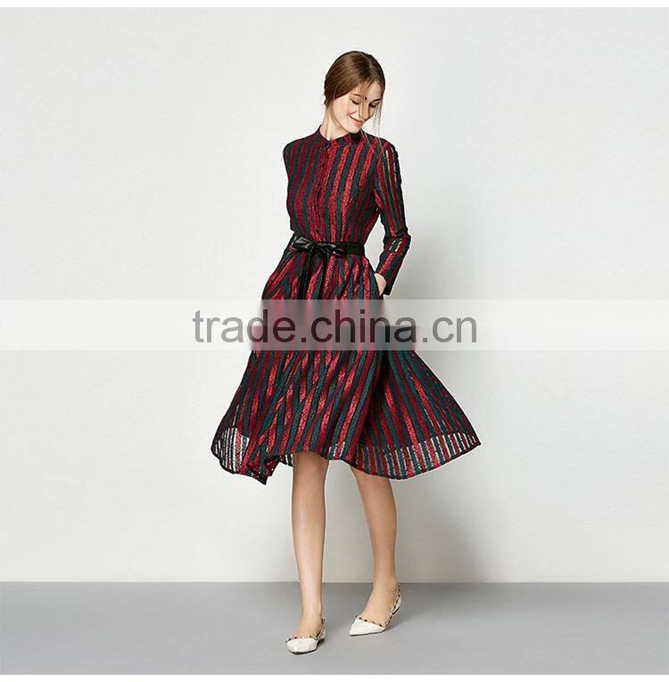 Stylish Women's black long sleeve Striped Pattern Lace long Patchwork Party Long Dress