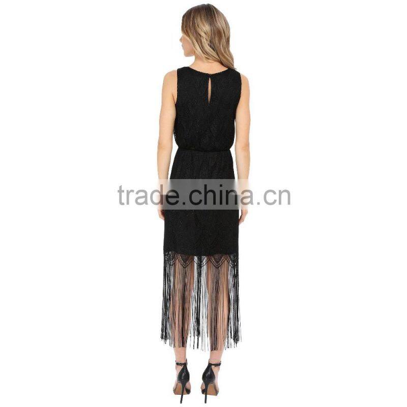ladies new model dress & ladies fashion lace dresses black with tassel