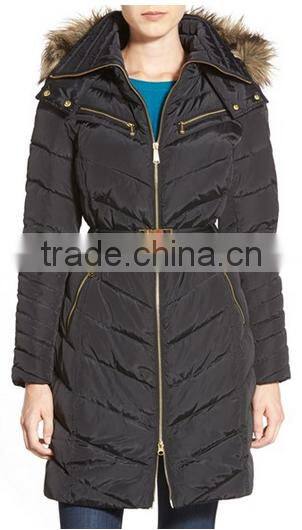 Two-way Front-zip Belted Long Padding Quilting Parka Coat With Faux Fur For The Winter