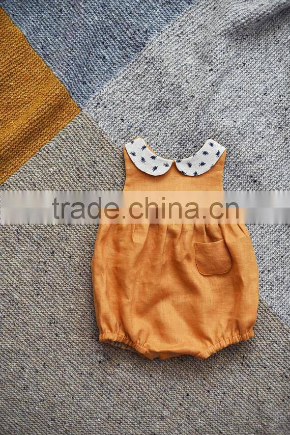 New Model Newborn Baby Clothes Wholesale Girls Linen Fabric Bodysuit With Lace Peter Pan Collar Infant Romper