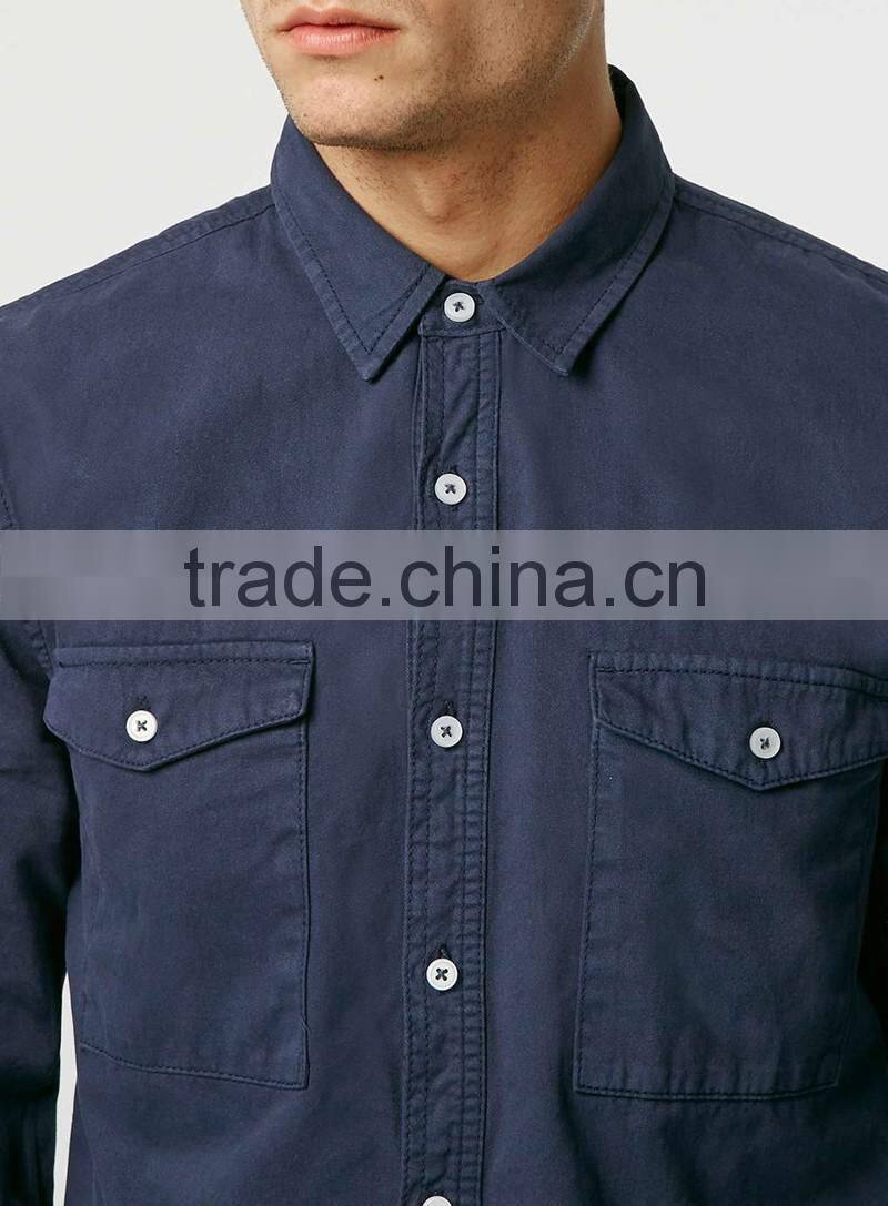 new model Navy blue Double Pocket Twill Long Sleeve Casual Shirt