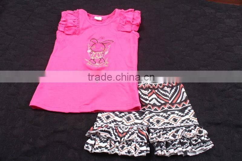 100% real life picture blue bunny top with short floral ruffle pants 2pcs Easter Day Clothing set LBYTZ001-107