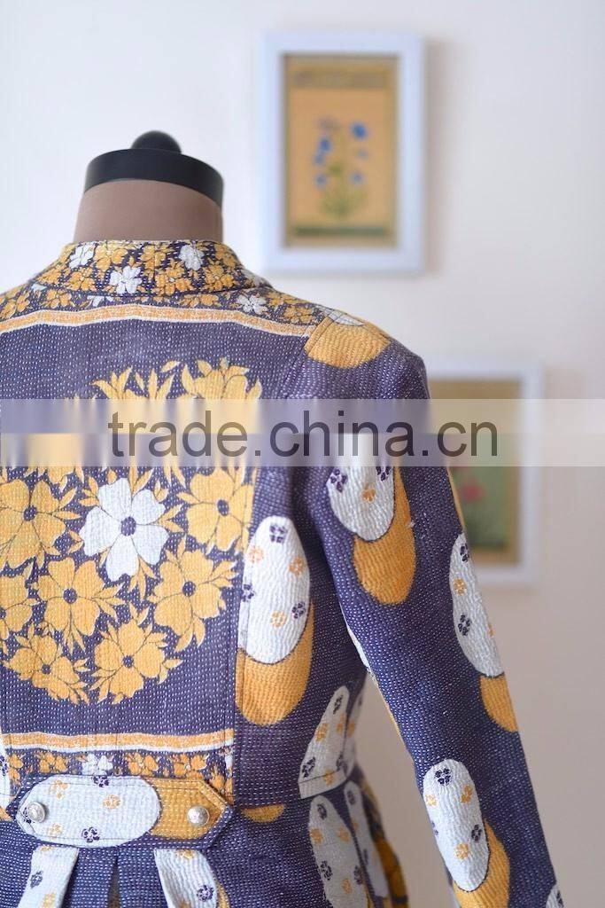 Denim Jacket in Kediyu Style with Vintage Kantha Fabric ~ Medium