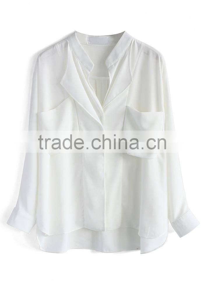 Women Suit Batwing Crepe Long Loose Shirt in White with Deep V Neckline White School Shirt