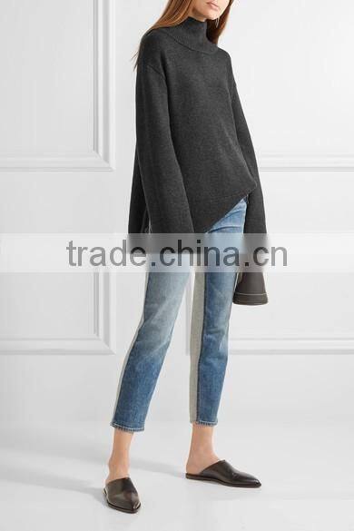 High Quality Slips On Charlcoal Wool and Cashmere-Blend Turtleneck Sweater with Scoop Hem