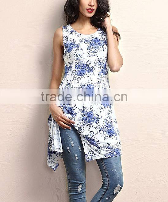 Hot Selling Women Tops With Blue And White Floral Sidetail Sleeveless Tunic Women Flower Blouse Women Wear GD90426-44
