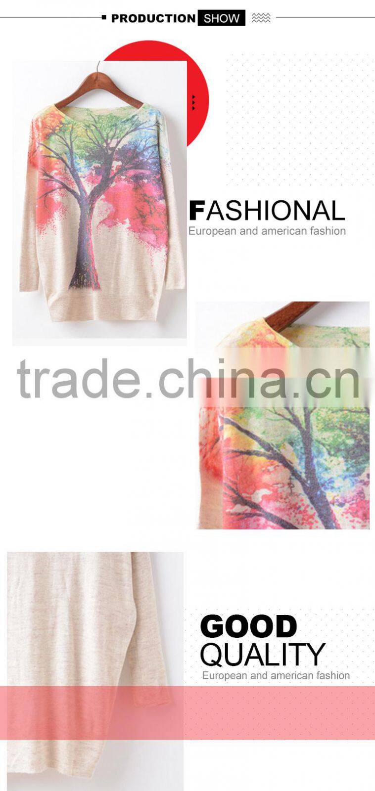 Lady pullover angora cashmere sweater with tree printing