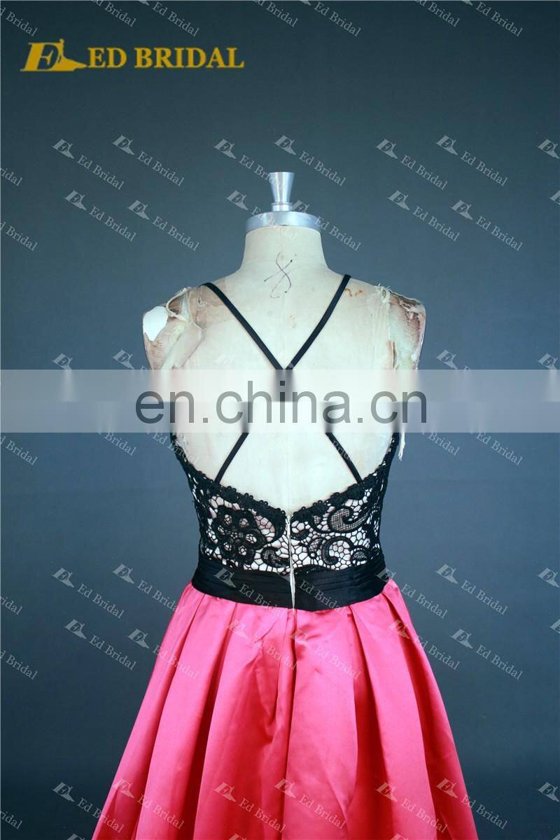 LN144 Real Sample Sexy Backless Criss Cross Spaghetti Straps Black Lace Top Fuchsia Prom Dress Patterns