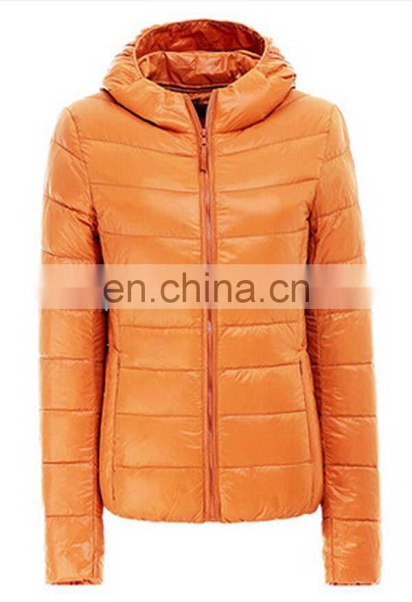 thin woman yellow down jacket with light color and weight
