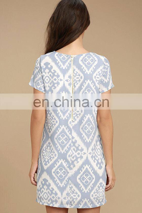 New fashion round neck women clothing shift dress print back zipper casual dress