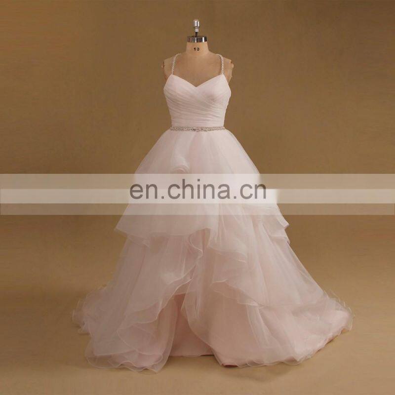 New Arrival Eleagnt V Neck Beaded Straps & Betl Puff Wedding Gown Ruffle Organza