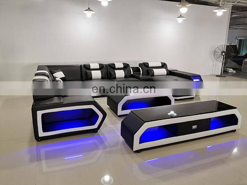 modern white leather sectional sofa set furniture coffee table tv stand sofa living room furniture with led light