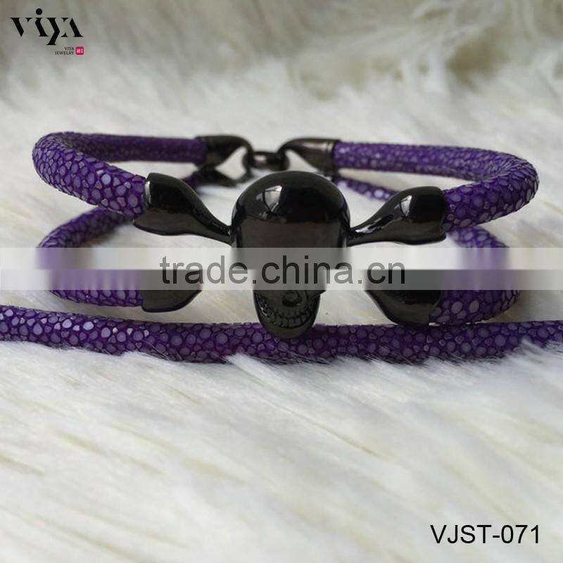 2016 Fashion Skull Men Bracelet, Genuine Stingray Leather Cord Bracelet, Stainless Steel Clasp Bracelet with High Quality End