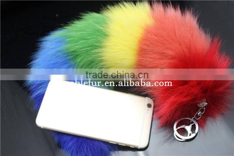 colorful fox fur keychains 100% real fox fur rehinstone tail bag pendants accessory