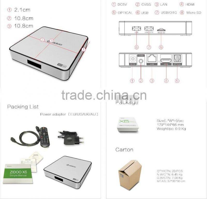 Alibaba wholesale Origianl Zidoo x6 pro real octa core rk3368 tv box android 5.1 smart box kodi free streaming IPTV box