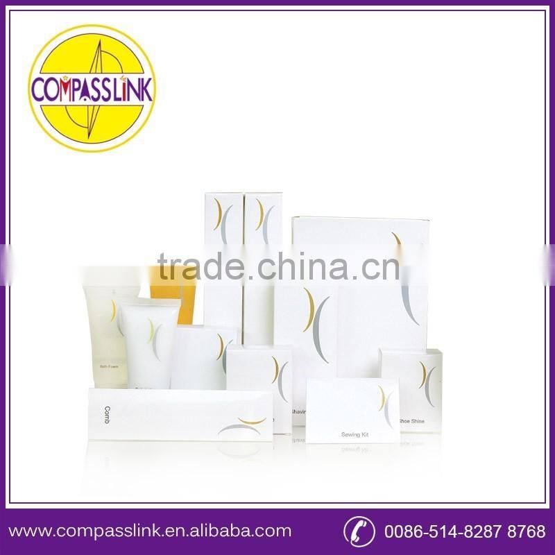 5 star guest hotel amenity/shampoo/soap/toothbrush/loofa/body lotion/shower gel with new design packaging box