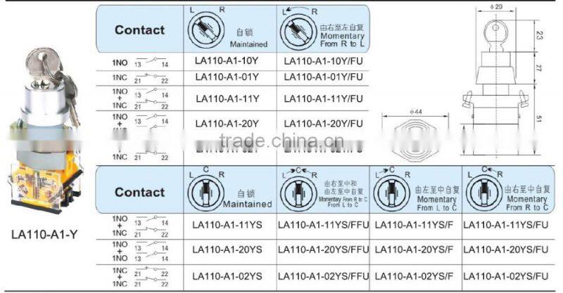 UTL Turn button Switch with Key Dia22mm Self-Reset Self-Locking
