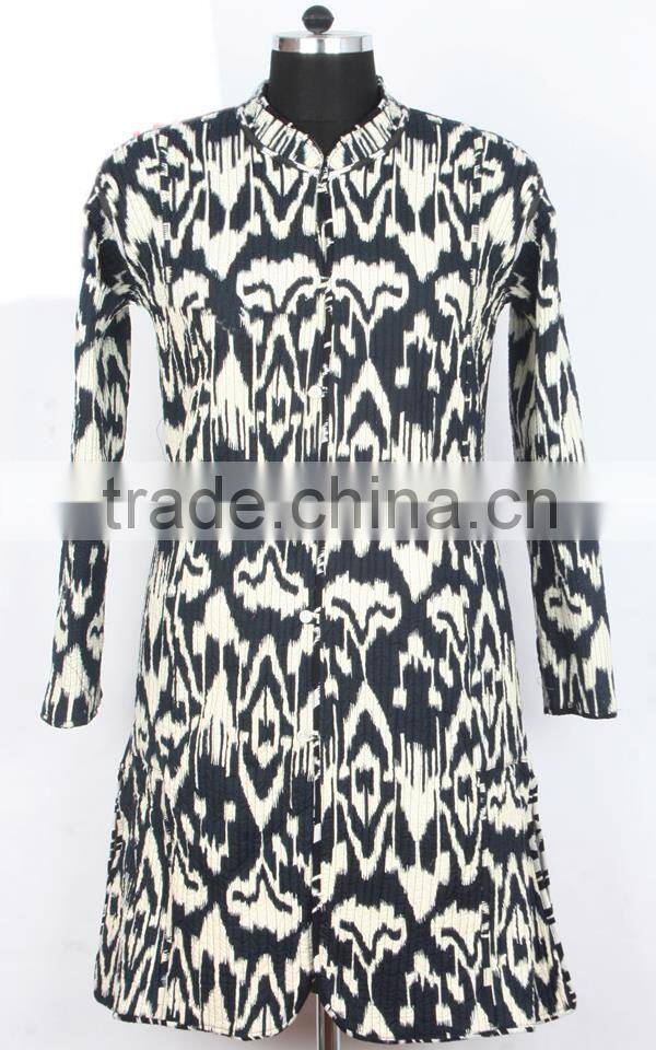 RTHCJ-1 full sleeve ikat printed kantha worked reversible cotton Jackets ladies and gents long size with cotton buttons Jaipur