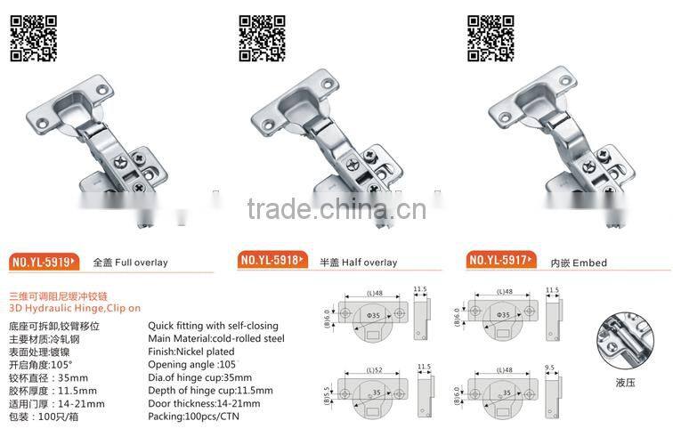 3d soft closing clip on cabinet hinge