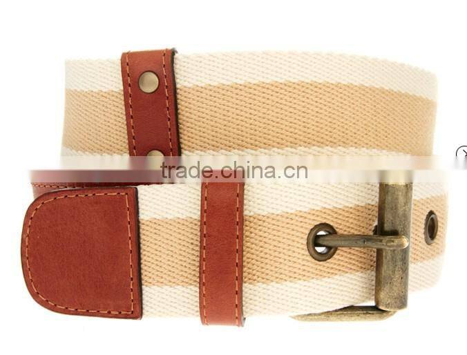 Beyond Lady Single Pin Buckle Striped Canvas Jeans Waist Belt with Leather Tab